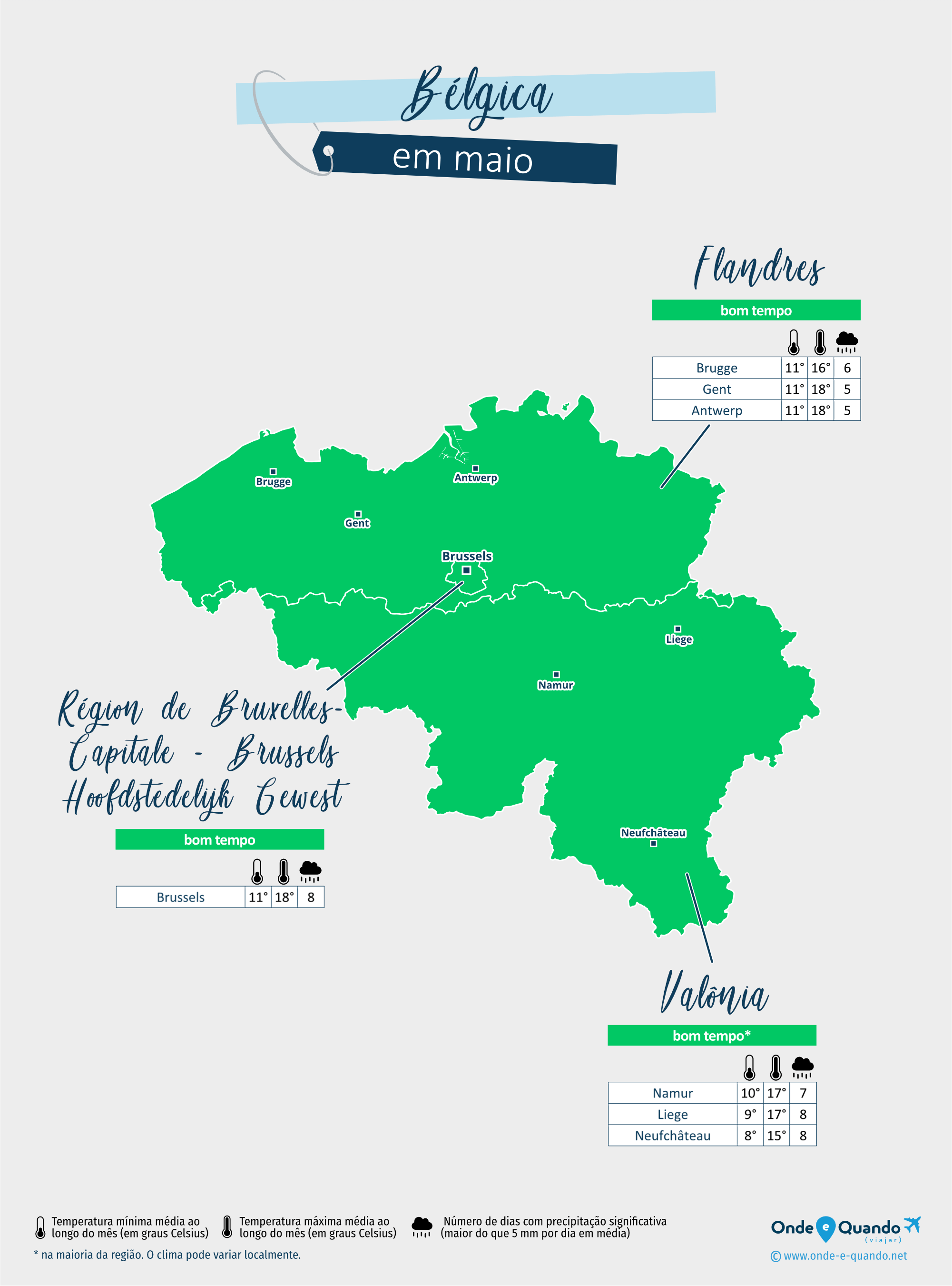 Bélgica: mapa do clima em maio nas diferentes regiões